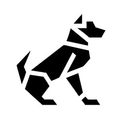 A sleek and minimalist black silhouette icon of a dog, featuring clean lines and a balanced geometric design. The dynamic yet simple pose embodies friendliness and loyalty, perfect for modern branding