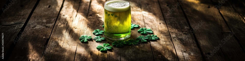 Poster rustic wooden table with single pint of green beer surrounded by shamrocks and soft ambient light