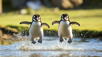 Group of cute little baby penguins running in the water on the beach