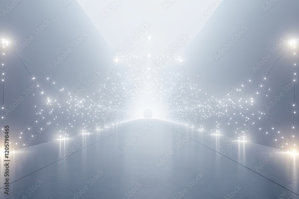 Poster set of connected digital nodes forming symmetrical pattern glowing against white minimalist backgrou