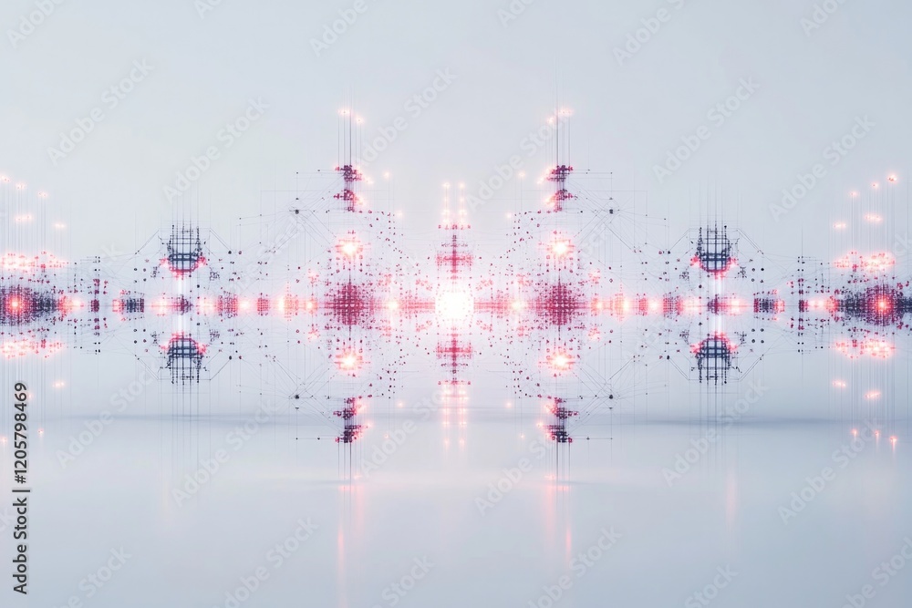 Poster set of connected digital nodes forming symmetrical pattern glowing against white minimalist backgrou