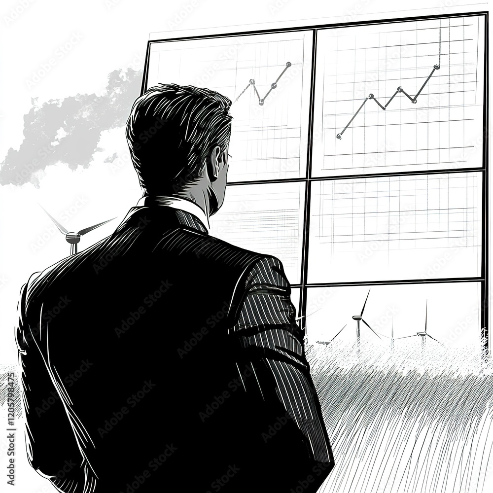 Poster A man in a suit is looking at a computer screen with graphs and numbers