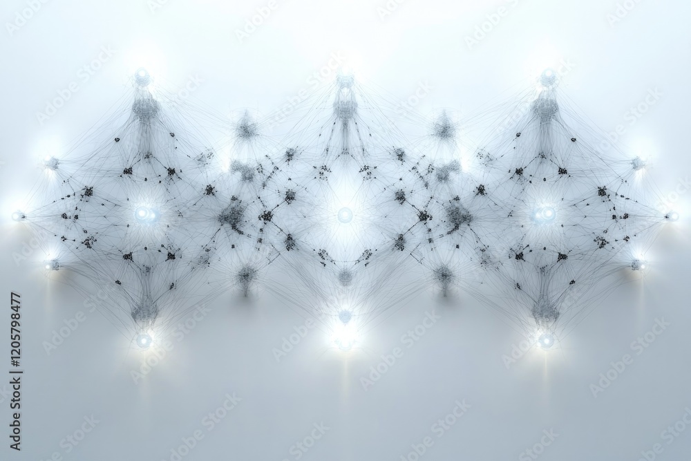 Poster set of connected digital nodes forming symmetrical pattern glowing against white minimalist backgrou