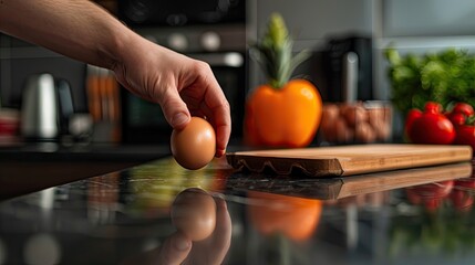 A hand picking an egg from a carton on a sleek kitchen countertop, with modern appliances and fresh produce in the background.