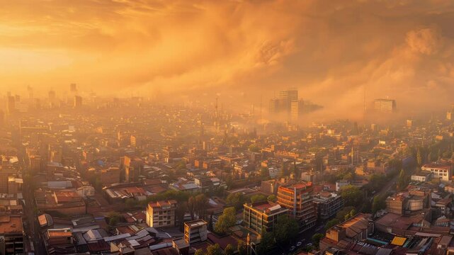 Dramatic dust storm descending on a densely populated city
