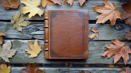 single book with leather cover placed on rustic wooden surface surrounded by scattered autumn leaves