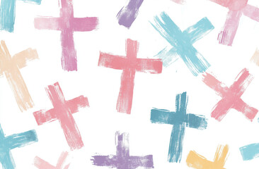 Obraz premium Bright and playful crosses in various pastel colors create an abstract pattern on a white background. This design offers a cheerful and artistic touch, ideal for crafts and digital projects