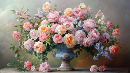 
A pastel-themed bouquet of roses and peonies arranged in a vintage vase , flowers in vase
