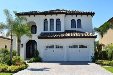 Fototapeta premium Big modern white house with tile roof and garage doors showing wealth and prosperity