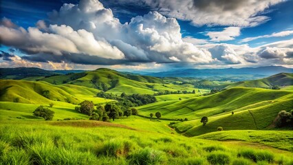 Obraz premium Congo Republic Countryside: Rolling Hills, Lush Green Grass, Soft Clouds