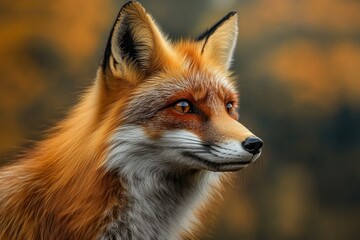 Fototapeta premium Majestic red fox gazing into the distance amidst autumn foliage