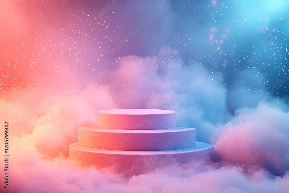 Aufkleber stepped podium in gradient colors placed in surreal setting with floating particles and soft ambient