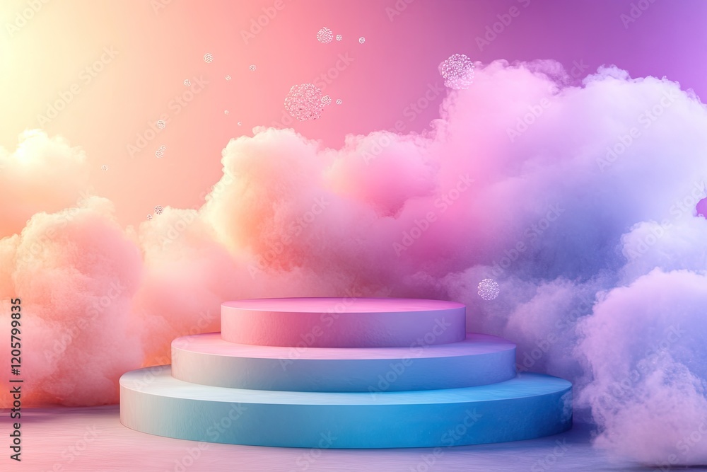 Poster stepped podium in gradient colors placed in surreal setting with floating particles and soft ambient
