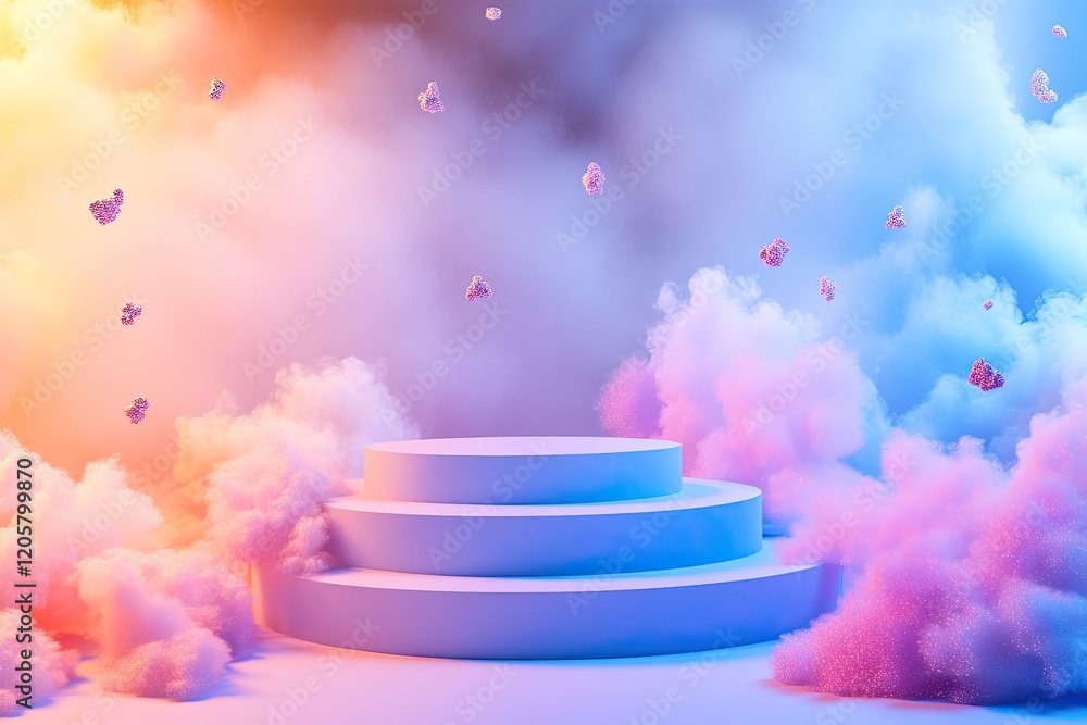 Aufkleber stepped podium in gradient colors placed in surreal setting with floating particles and soft ambient