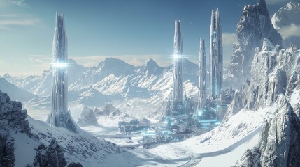 Futuristic advanced space station or city set in a snowy mountain landscape, tall spires and intricate architectural designs, smooth metallic structures, advanced technology with glowing lights, vast 