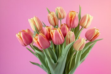 Obraz premium vibrant bouquet of tulips suspended mid-air against pastel pink gradient background