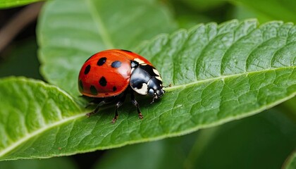 , A bright ladybug perched on a green leaf, showcasing its vibrant red wings with black spots, symbolizing good luck, renewal, and the delicate balance of garden ecosystems-