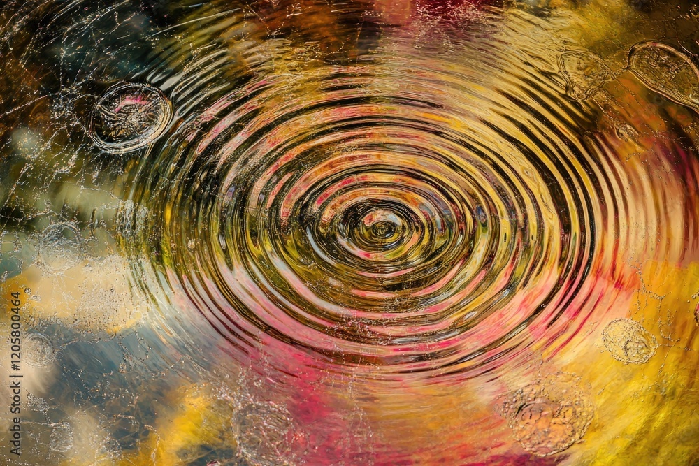 Poster vibrant display of abstract water droplets forming concentric patterns on smooth glass surface
