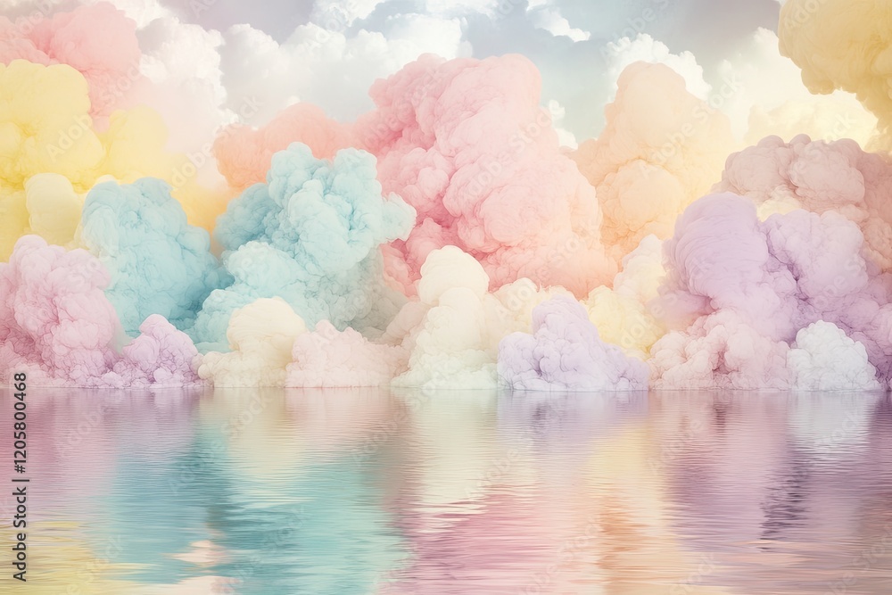 Poster vibrant display of pastel-colored ink clouds blending in water creating soft gradients and dreamy fe