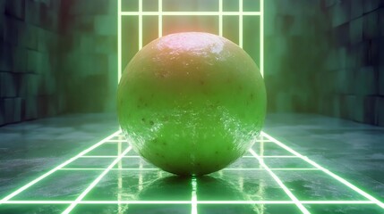 A green ball is sitting on a wet surface