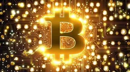 Glowing Bitcoin Symbol on Abstract Tech Background