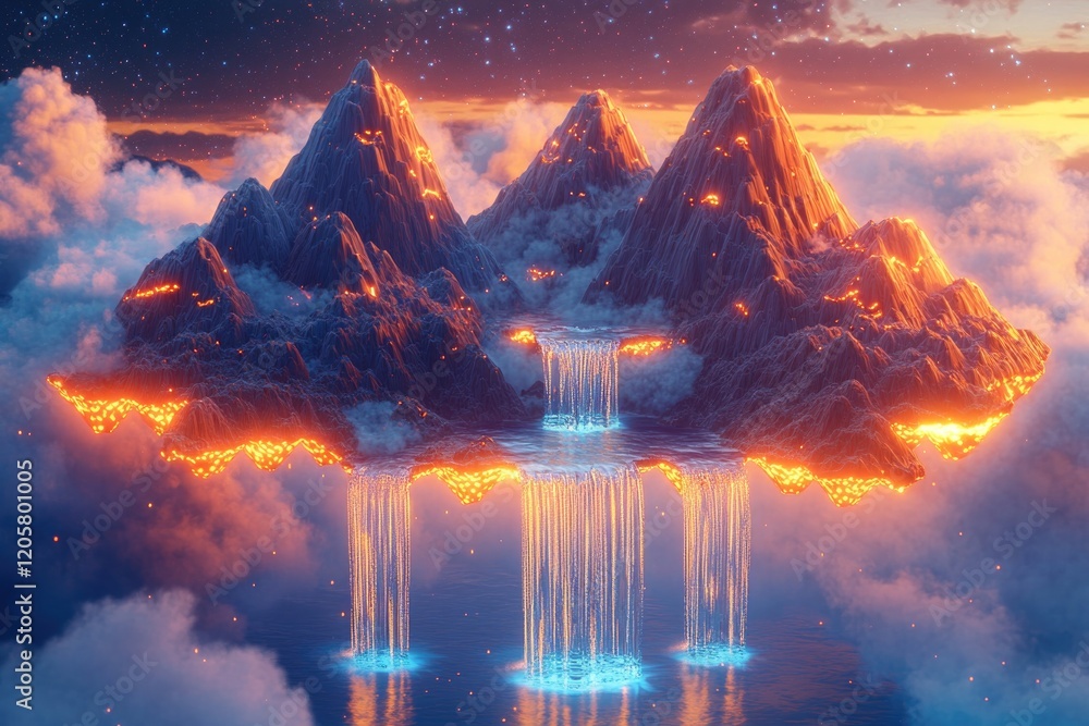 Poster whimsical 3d cartoon render of floating mountains in sky with glowing edges and animated waterfalls 