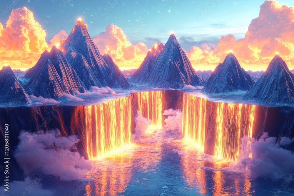 Poster whimsical 3d cartoon render of floating mountains in sky with glowing edges and animated waterfalls 