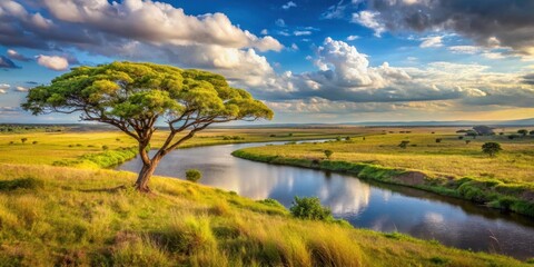 Obraz premium Serene Landscape Featuring a Majestic Tree Beside a Gently Winding River Under a Dramatic Sky