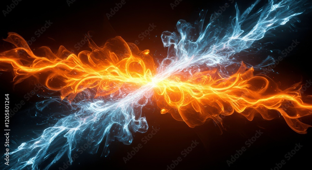 Poster fire and ice clash: an abstract, dynamic image showcasing the intense collision of fire and ice, cre