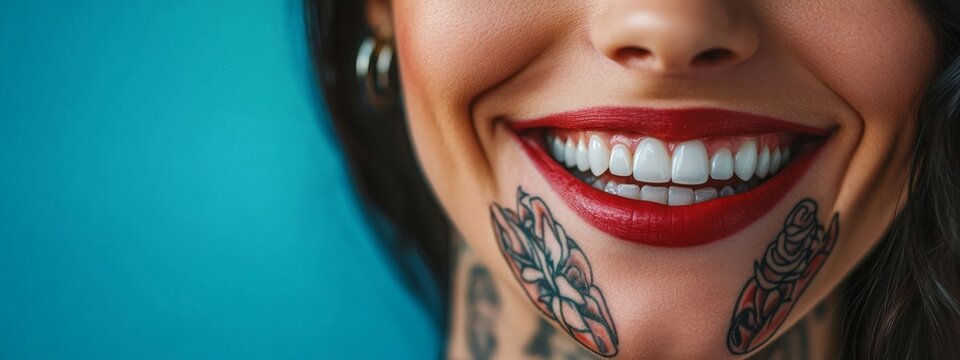 Bright Smile on Blue Background, showcasing a confident woman with vibrant teeth, ideal for dental clinic promotions and orthodontic services.