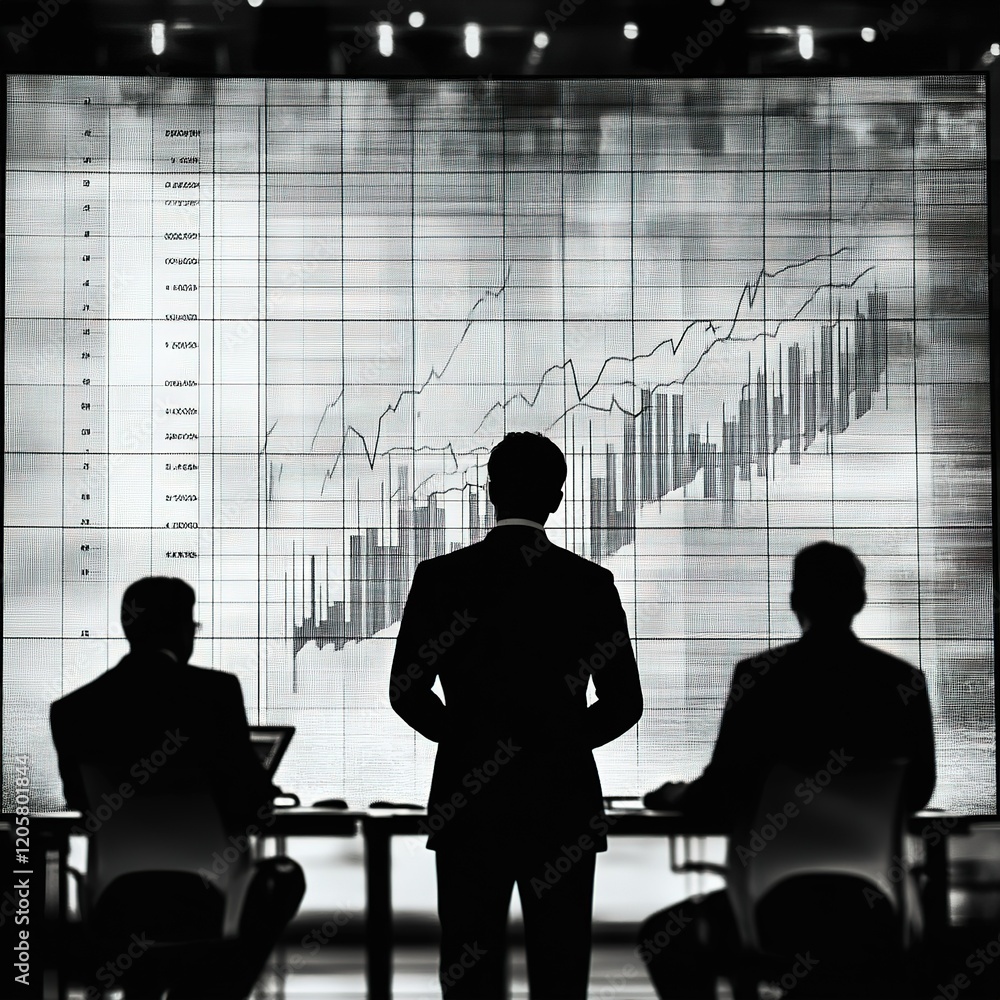 Poster three men are standing in front of a large screen with graphs and numbers