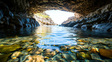 Stunning Cave with Crystal Clear Water Flowing Through Rocky Archway in Beautiful Landscape