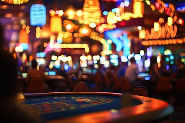 bustling casino floor featuring gaming tables and glowing neon lights with players immersed in games