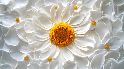 A magnified view of a daisy's central yellow disc surrounded by white petals , close up of daisy flower