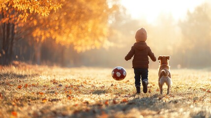 child playing football with their dog on sunny field with softly blurred trees and glowing horizon