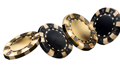  Black and golden casino chips falling, cut out 