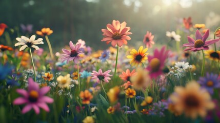Fototapeta premium Sunlit meadow wildflowers blooming, forest background, nature scene