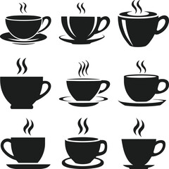 Set of Coffee Cup Silhouettes with Steam Icons for Café and Beverage Designs