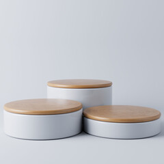 Modern Platform stand podium display on white room background. for empty product shelf or exhibition stage backdrop 3D rendering. 
