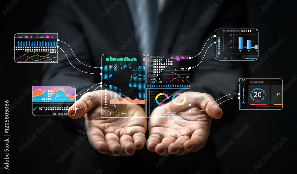 Aufkleber businessman in suit presenting digital data visualizations with charts and graphs for business analy
