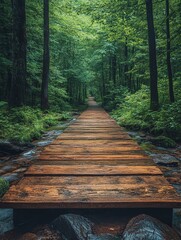 Obraz premium A serene wooden path leads through a lush green forest, inviting exploration and tranquility.