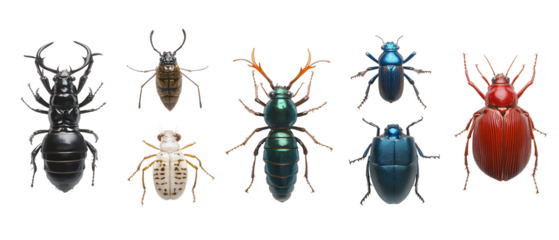 A collection of various beetle species showcasing vibrant colors and unique structures. transparent background