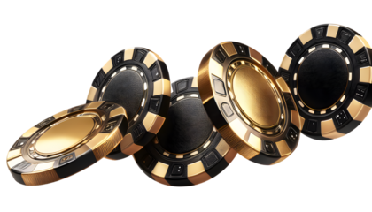  Black and golden casino chips falling, cut out 