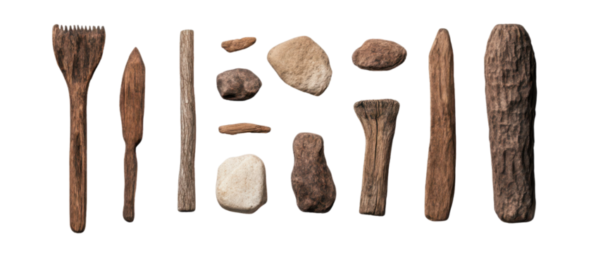 A collection of unique wooden tools and stones arranged creatively for artistic use. transparent background