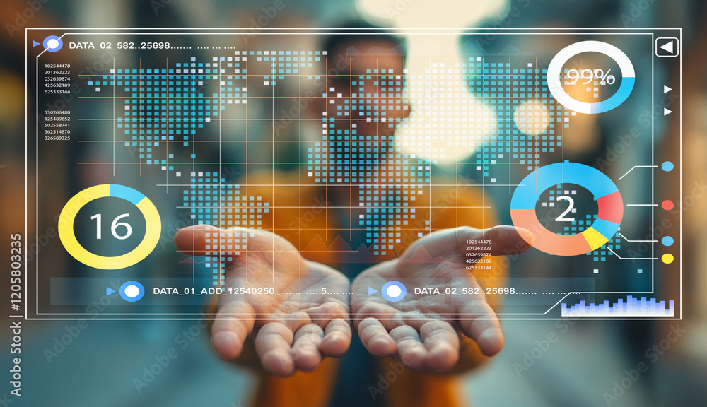 Poster human hands holding digital dashboard with global data visualization, advanced analytics, graphs, an