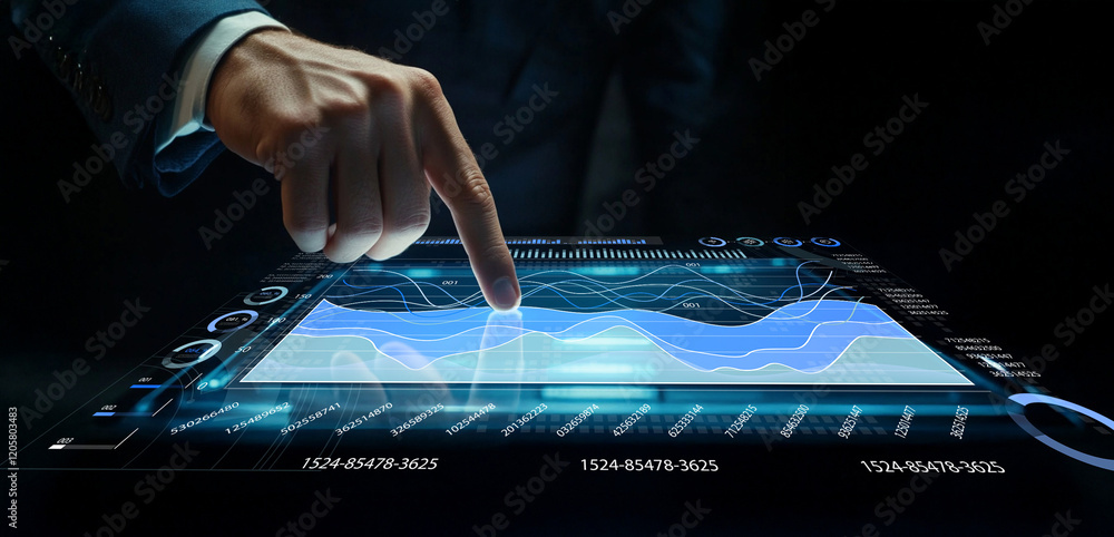 Poster business professional interacting with futuristic data visualization on touchscreen surface in dark 