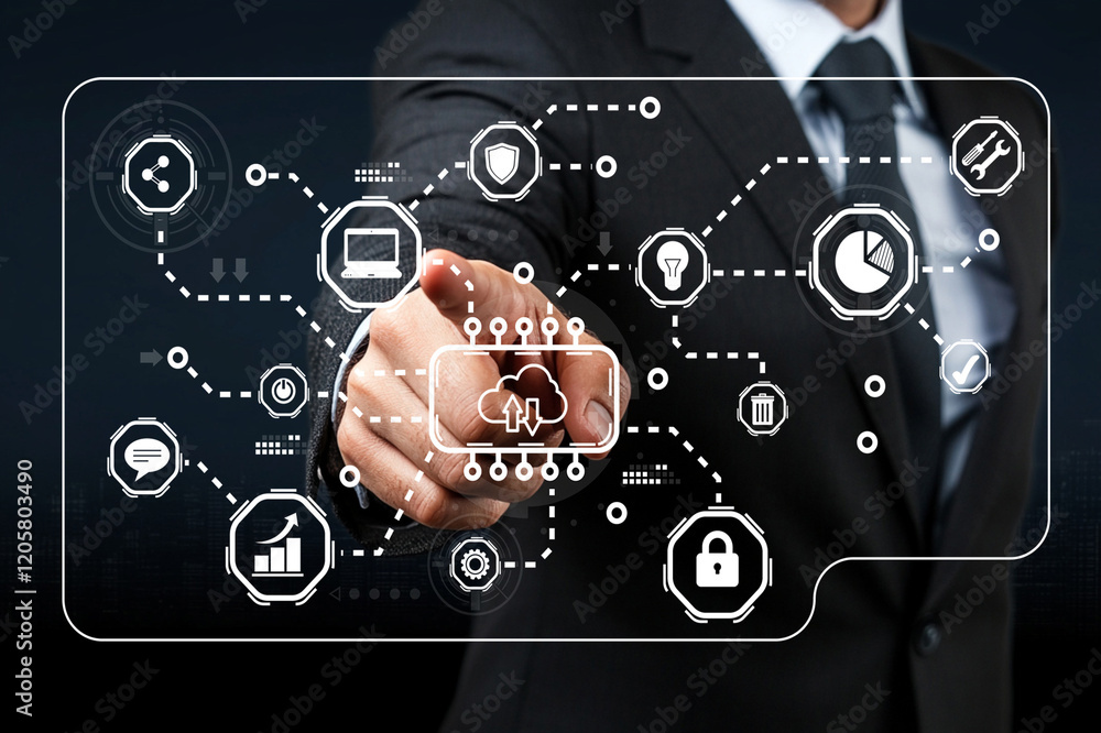 Poster businessman interacting with digital interface of data analytics, cybersecurity, technology, and clo