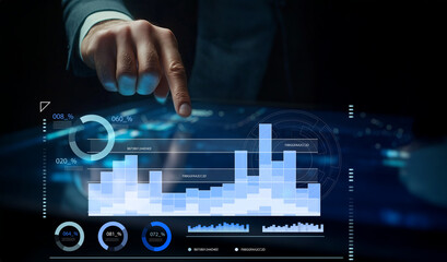 Modern Businessman Interacting with Futuristic Data Visualization Interface on Touchscreen in Dark Environment