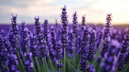 Fototapeta premium tranquil lavender field in full bloom, showcasing vibrant purple flowers swaying gently in breeze. serene atmosphere invites relaxation and peace