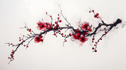 
A snowy branch with red berries and winter blooms against a white background